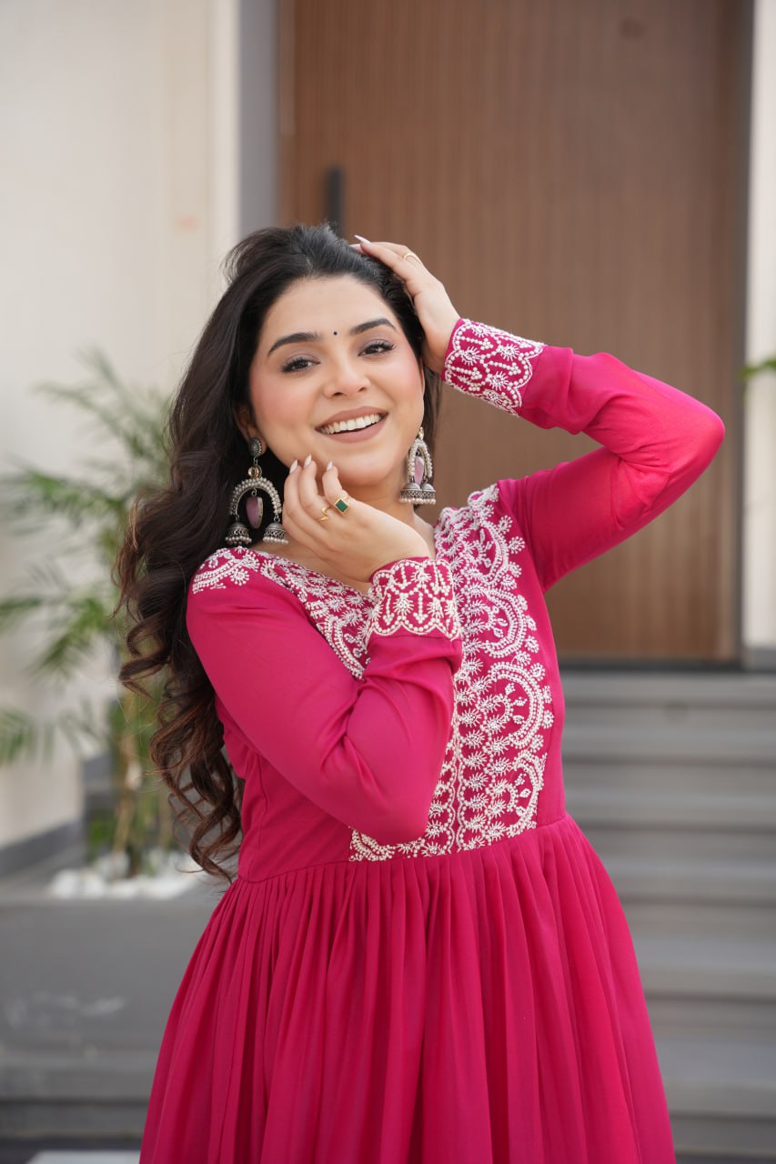Pink Elegant Embroidered Star Georgette Gown – Double Flair & Designer V Neck