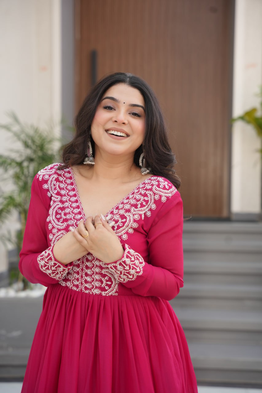 Pink Elegant Embroidered Star Georgette Gown – Double Flair & Designer V Neck