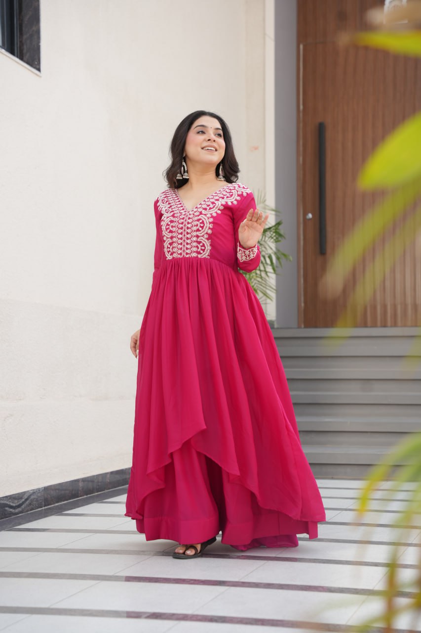 Pink Elegant Embroidered Star Georgette Gown – Double Flair & Designer V Neck