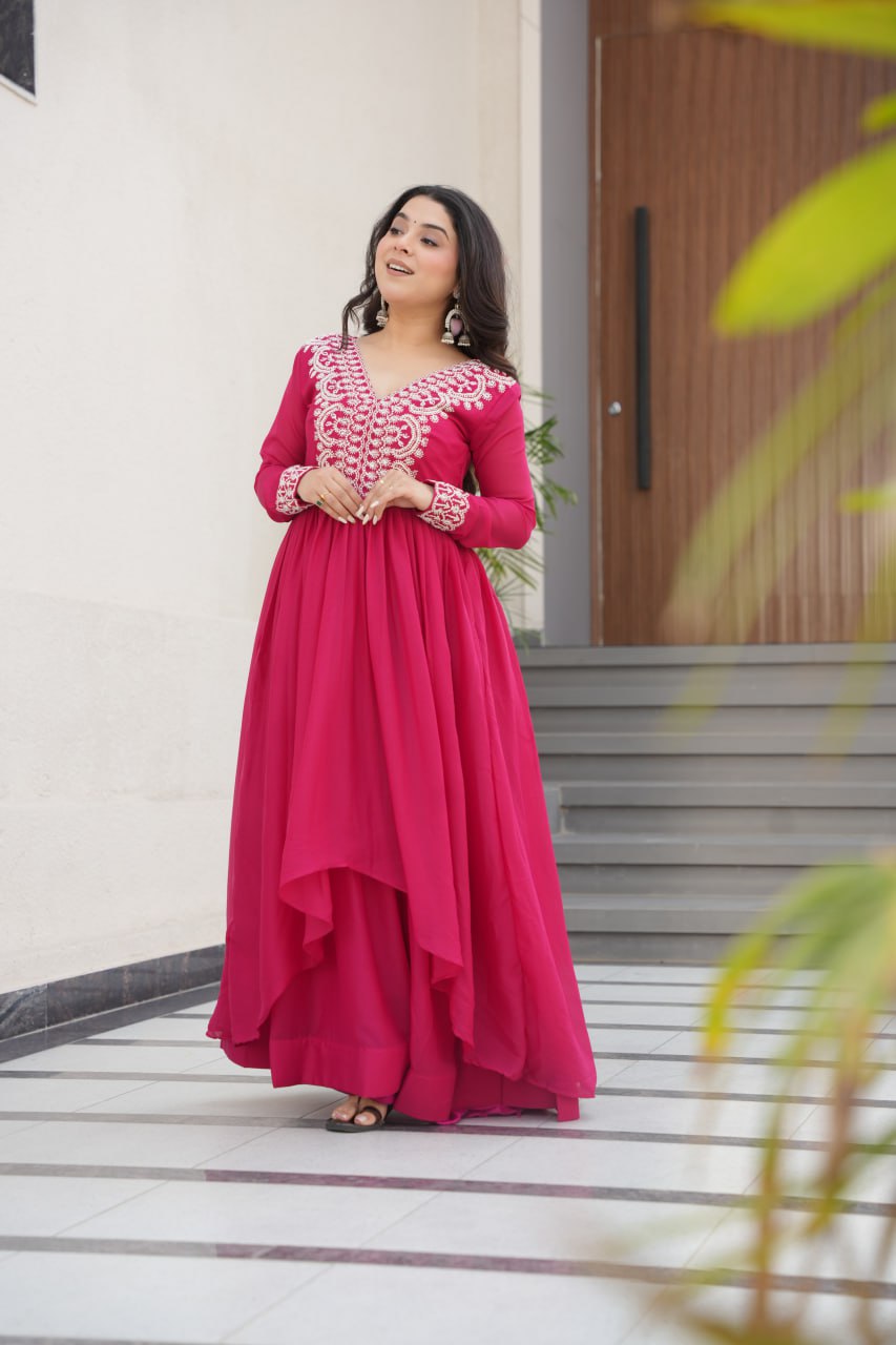 Pink Elegant Embroidered Star Georgette Gown – Double Flair & Designer V Neck