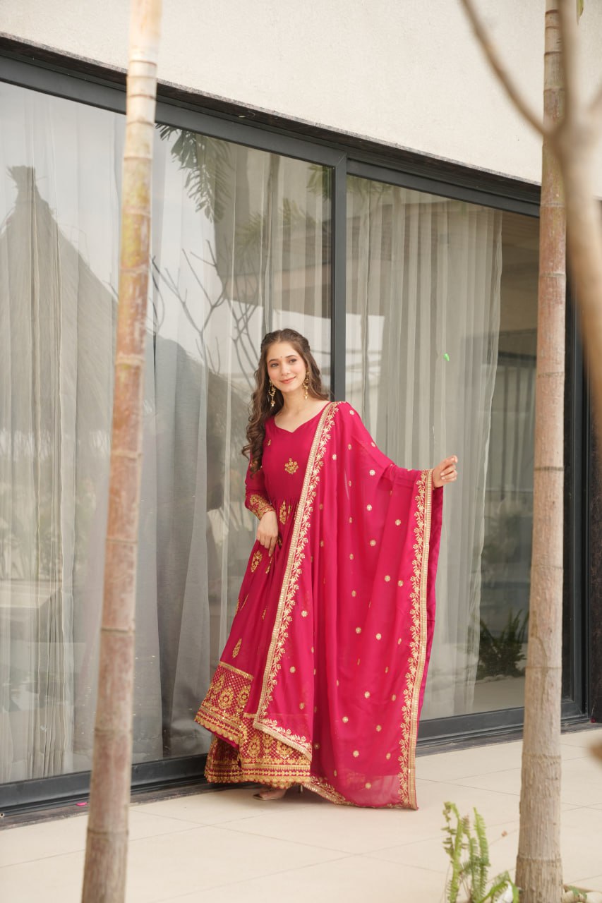 Pink Elegant Embroidered Star Georgette Gown with Dupatta – Full Sleeve, Pan Neck, Zari & Sequin Work