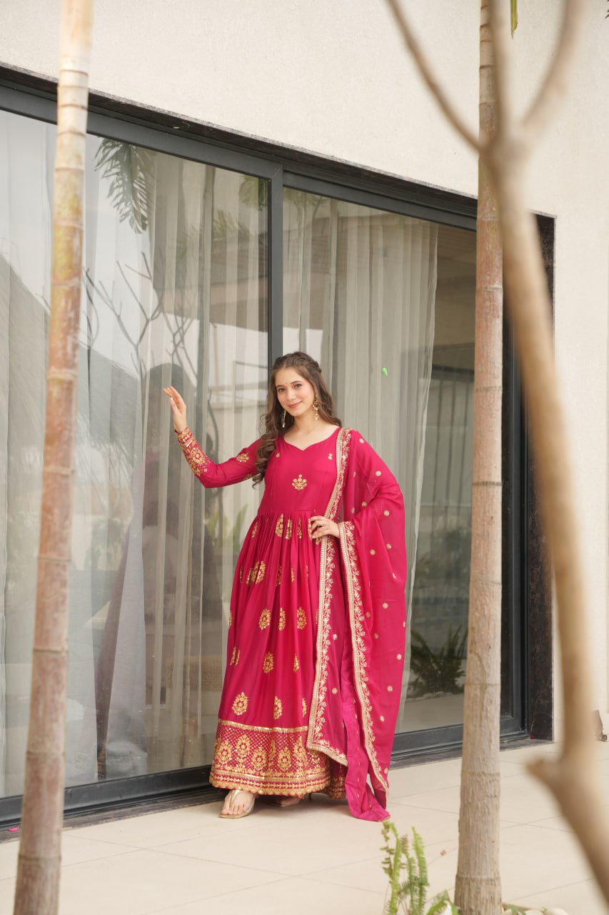 Pink Elegant Embroidered Star Georgette Gown with Dupatta – Full Sleeve, Pan Neck, Zari & Sequin Work