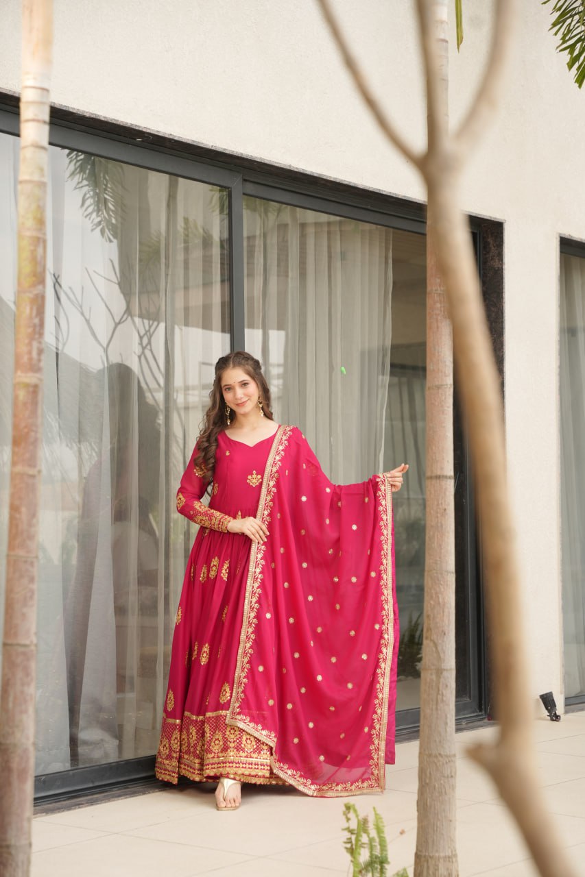 Pink Elegant Embroidered Star Georgette Gown with Dupatta – Full Sleeve, Pan Neck, Zari & Sequin Work