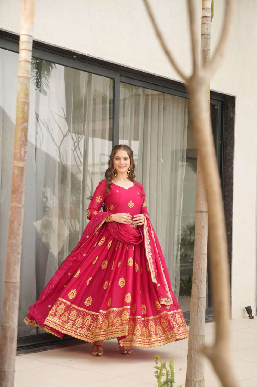 Pink Elegant Embroidered Star Georgette Gown with Dupatta – Full Sleeve, Pan Neck, Zari & Sequin Work