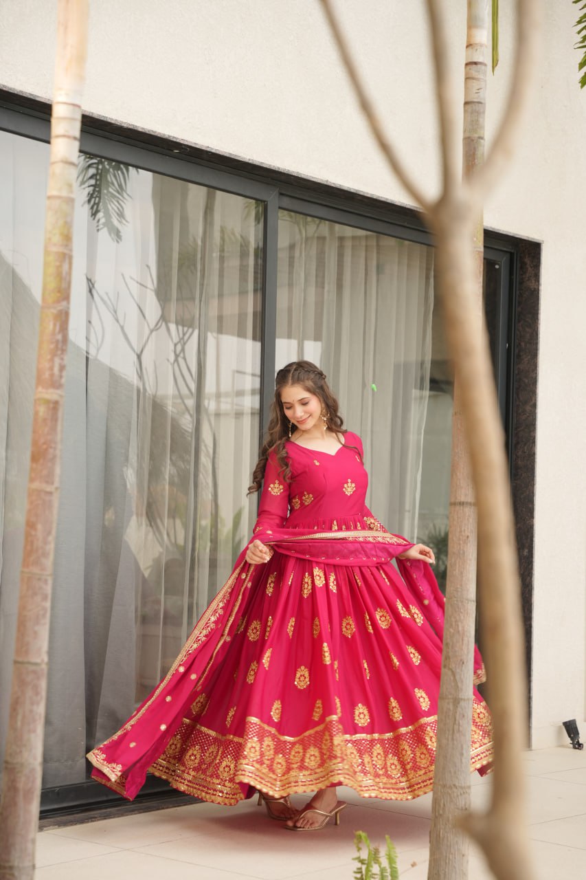 Pink Elegant Embroidered Star Georgette Gown with Dupatta – Full Sleeve, Pan Neck, Zari & Sequin Work