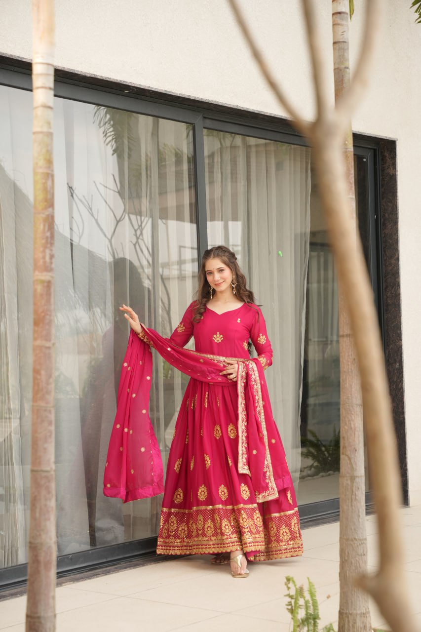 Pink Elegant Embroidered Star Georgette Gown with Dupatta – Full Sleeve, Pan Neck, Zari & Sequin Work