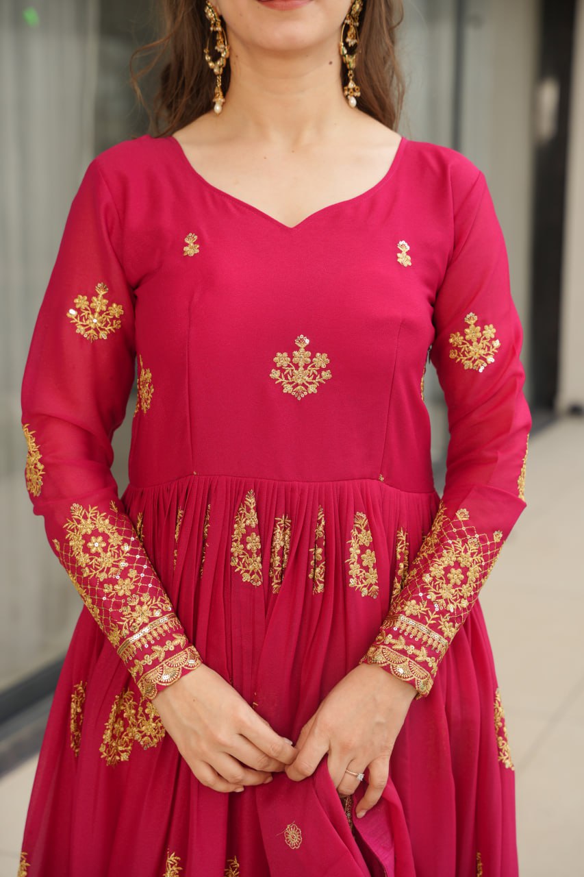 Pink Elegant Embroidered Star Georgette Gown with Dupatta – Full Sleeve, Pan Neck, Zari & Sequin Work