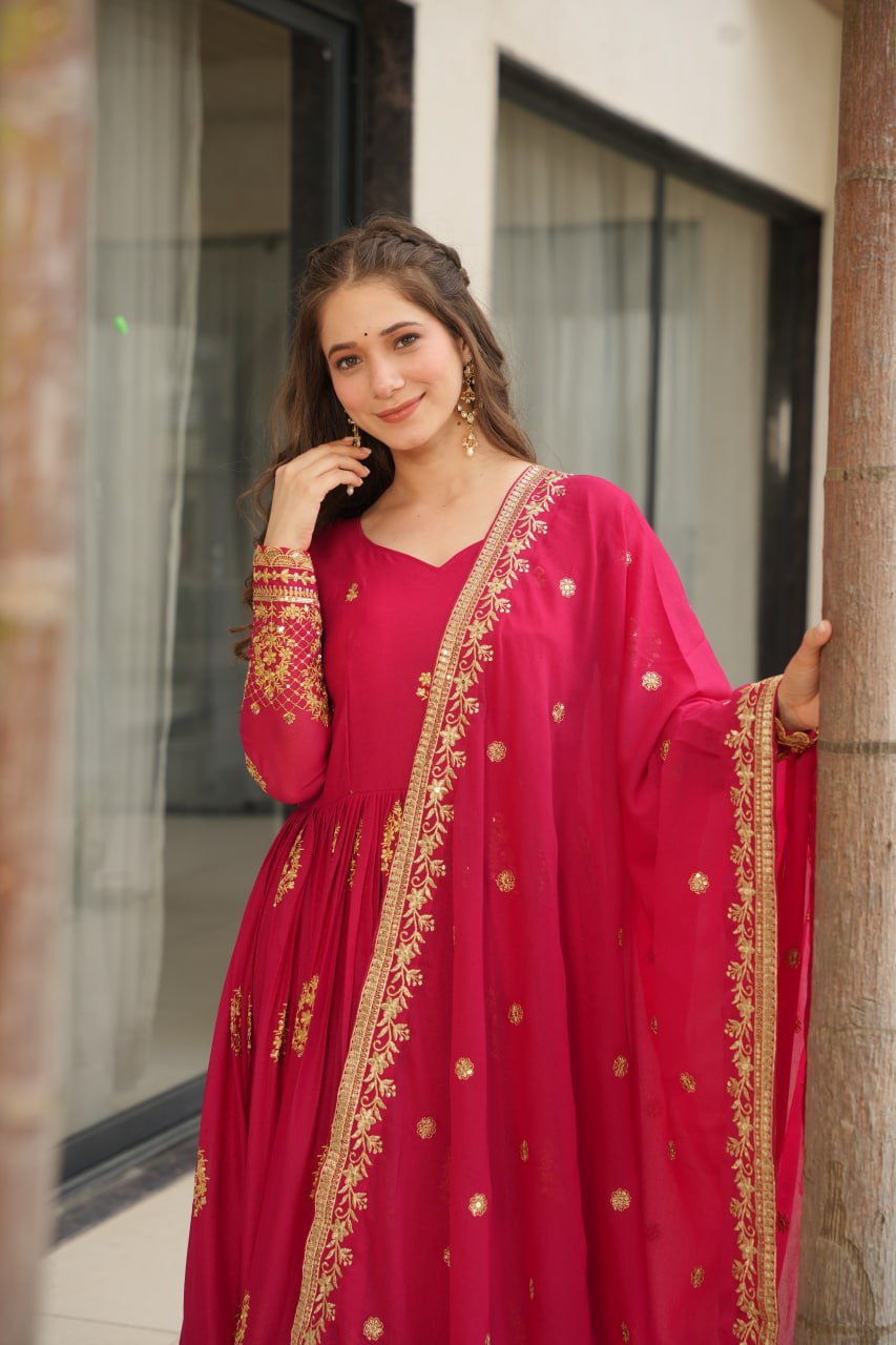 Pink Elegant Embroidered Star Georgette Gown with Dupatta – Full Sleeve, Pan Neck, Zari & Sequin Work