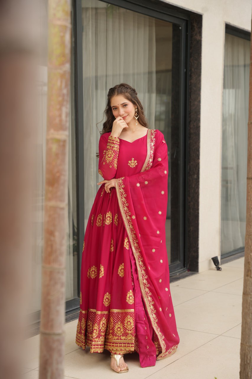 Pink Elegant Embroidered Star Georgette Gown with Dupatta – Full Sleeve, Pan Neck, Zari & Sequin Work