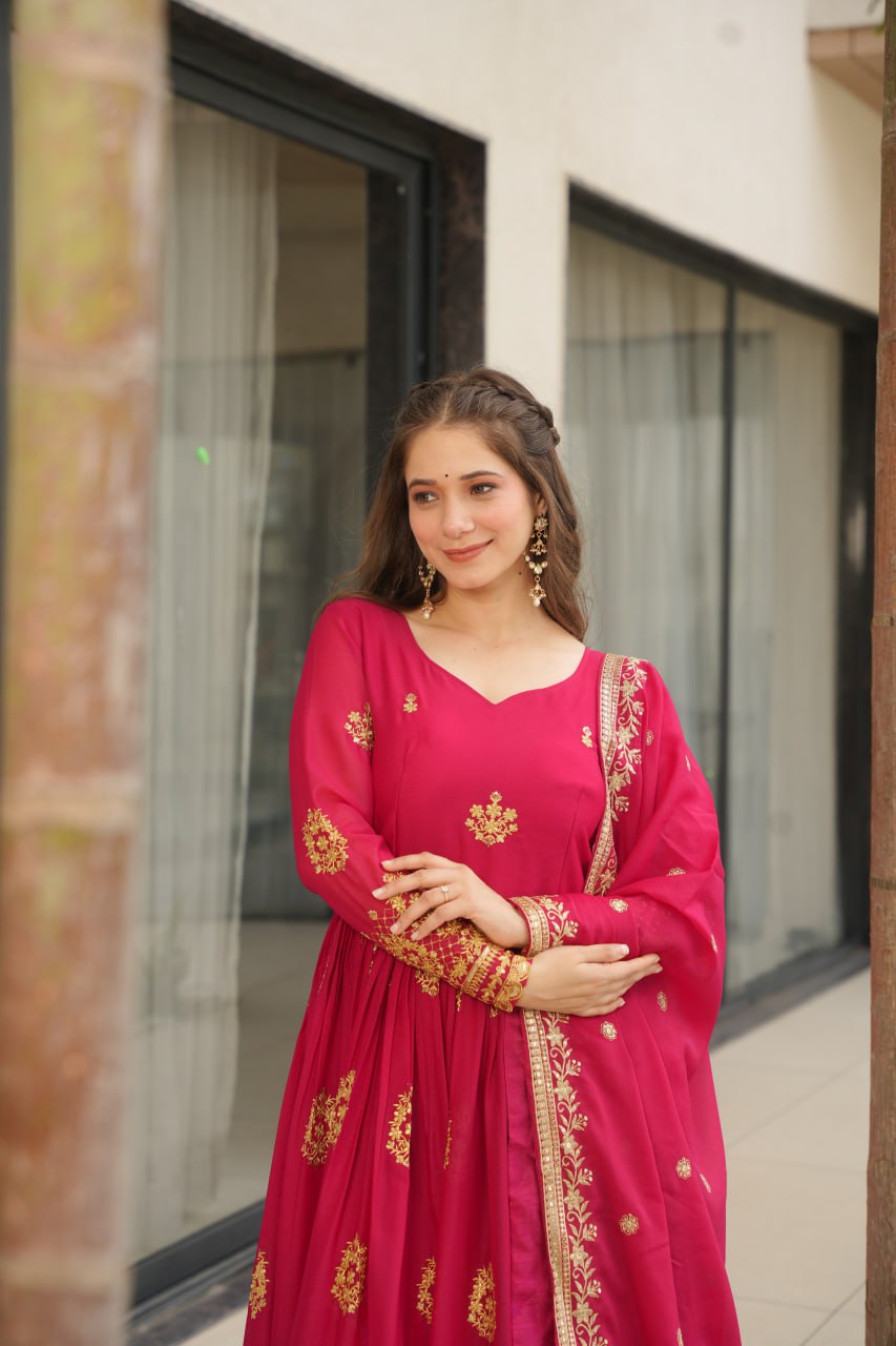 Pink Elegant Embroidered Star Georgette Gown with Dupatta – Full Sleeve, Pan Neck, Zari & Sequin Work
