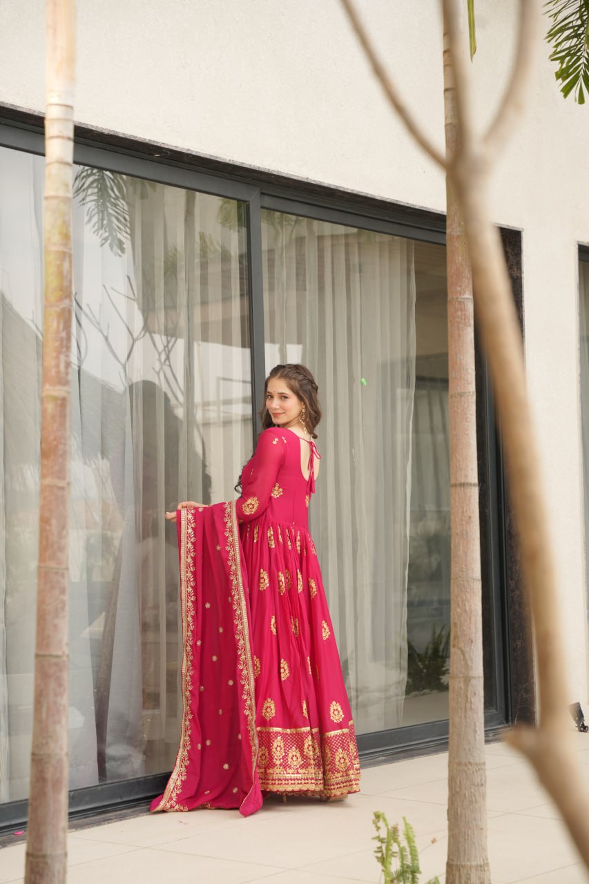 Pink Elegant Embroidered Star Georgette Gown with Dupatta – Full Sleeve, Pan Neck, Zari & Sequin Work
