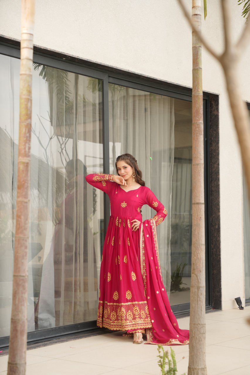 Pink Elegant Embroidered Star Georgette Gown with Dupatta – Full Sleeve, Pan Neck, Zari & Sequin Work