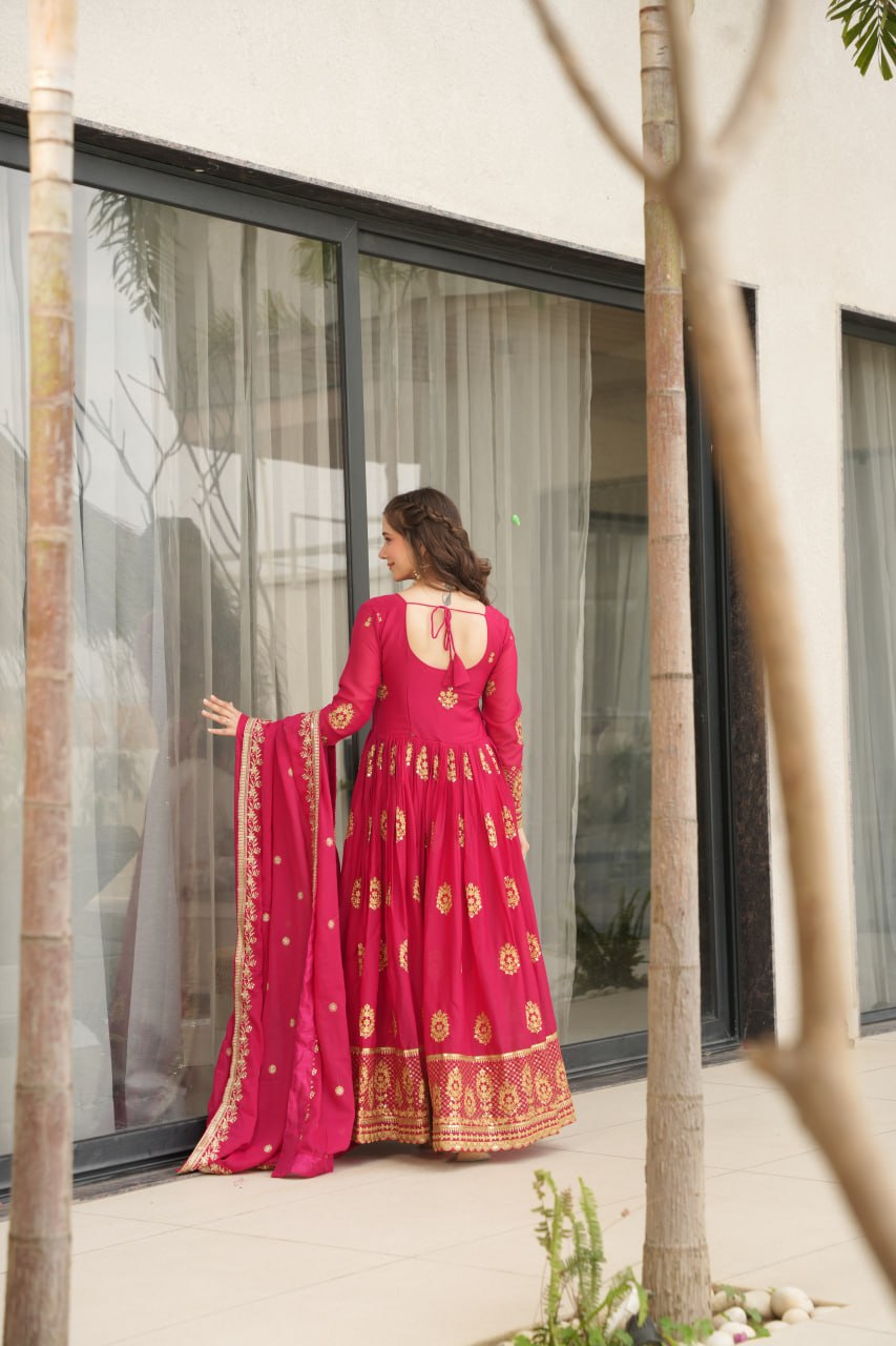 Pink Elegant Embroidered Star Georgette Gown with Dupatta – Full Sleeve, Pan Neck, Zari & Sequin Work