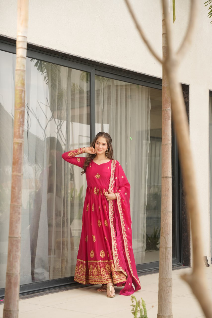 Pink Elegant Embroidered Star Georgette Gown with Dupatta – Full Sleeve, Pan Neck, Zari & Sequin Work