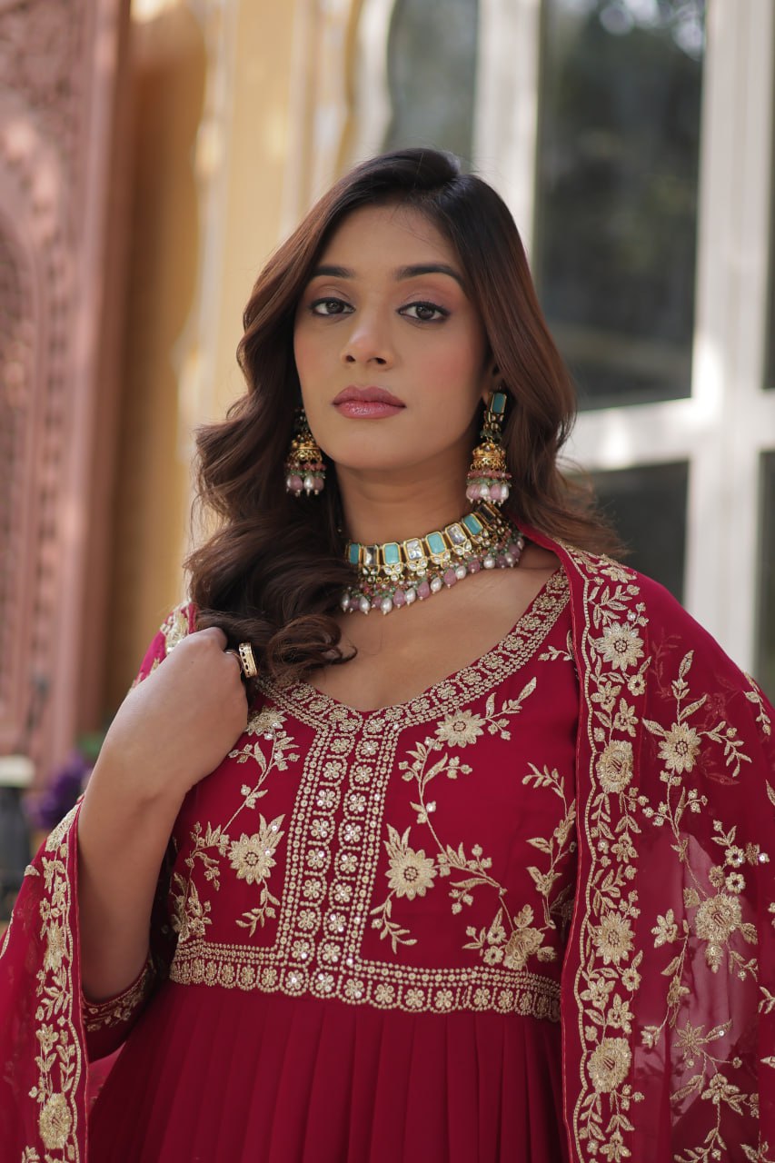 Pink Elegant Faux Blooming Embroidered Gown with Sequins & Zari Work