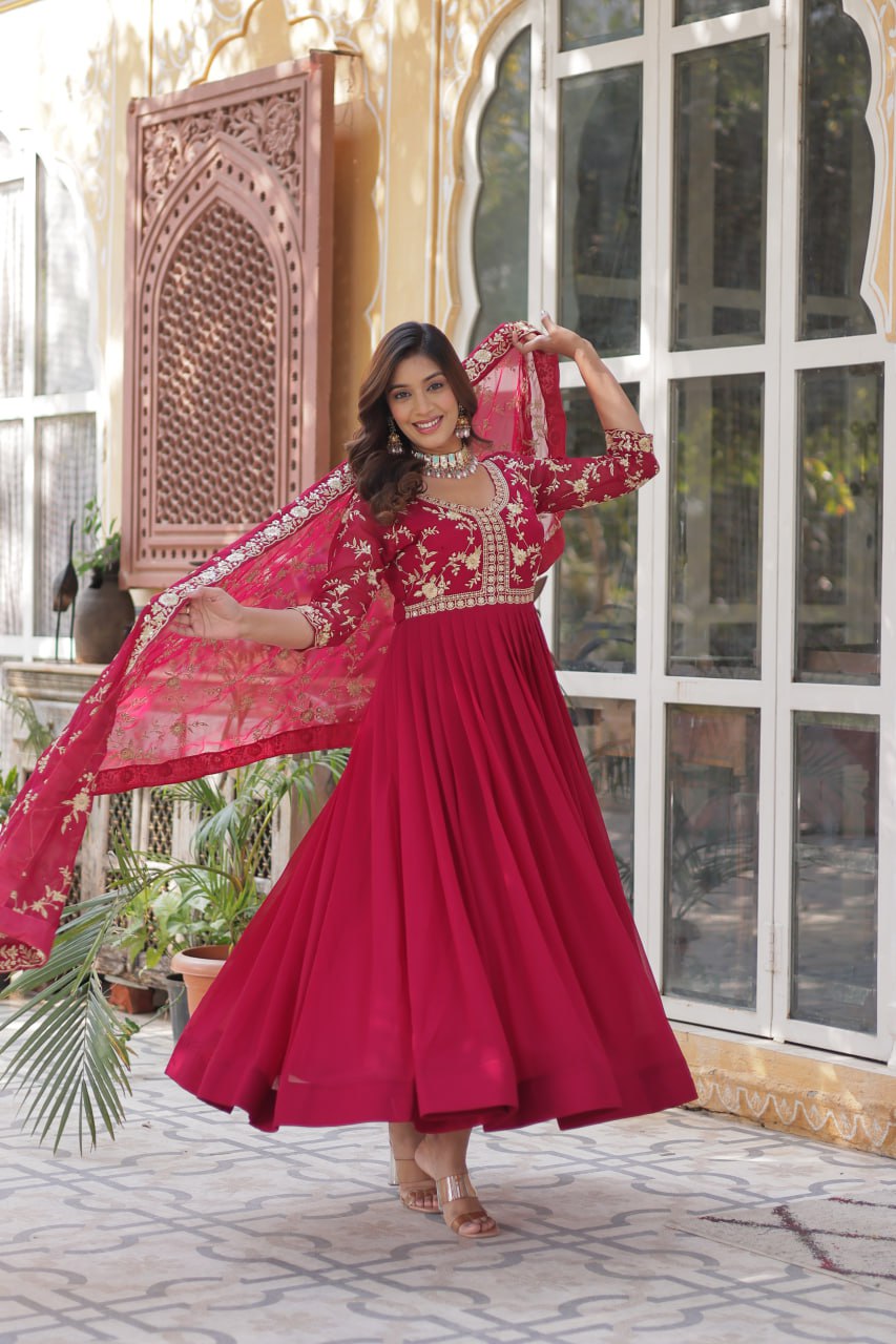 Pink Elegant Faux Blooming Embroidered Gown with Sequins & Zari Work