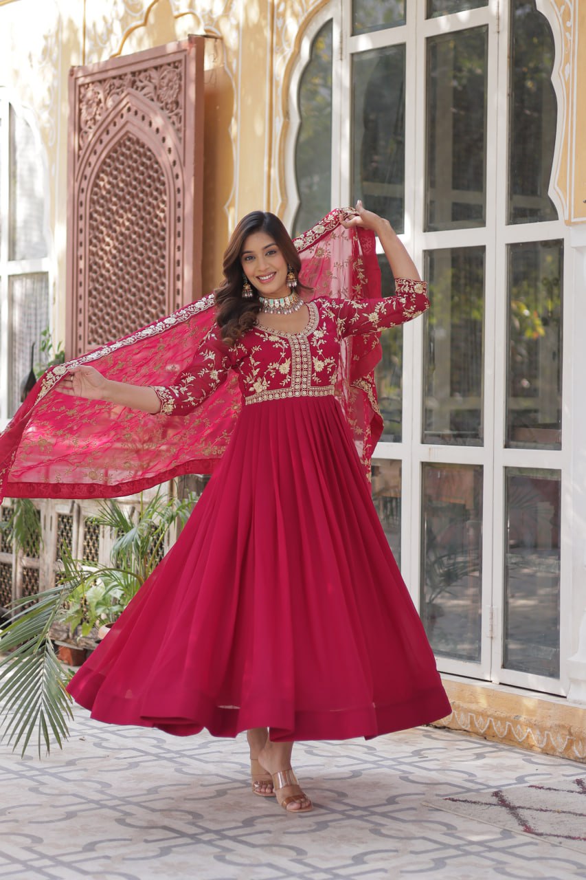Pink Elegant Faux Blooming Embroidered Gown with Sequins & Zari Work