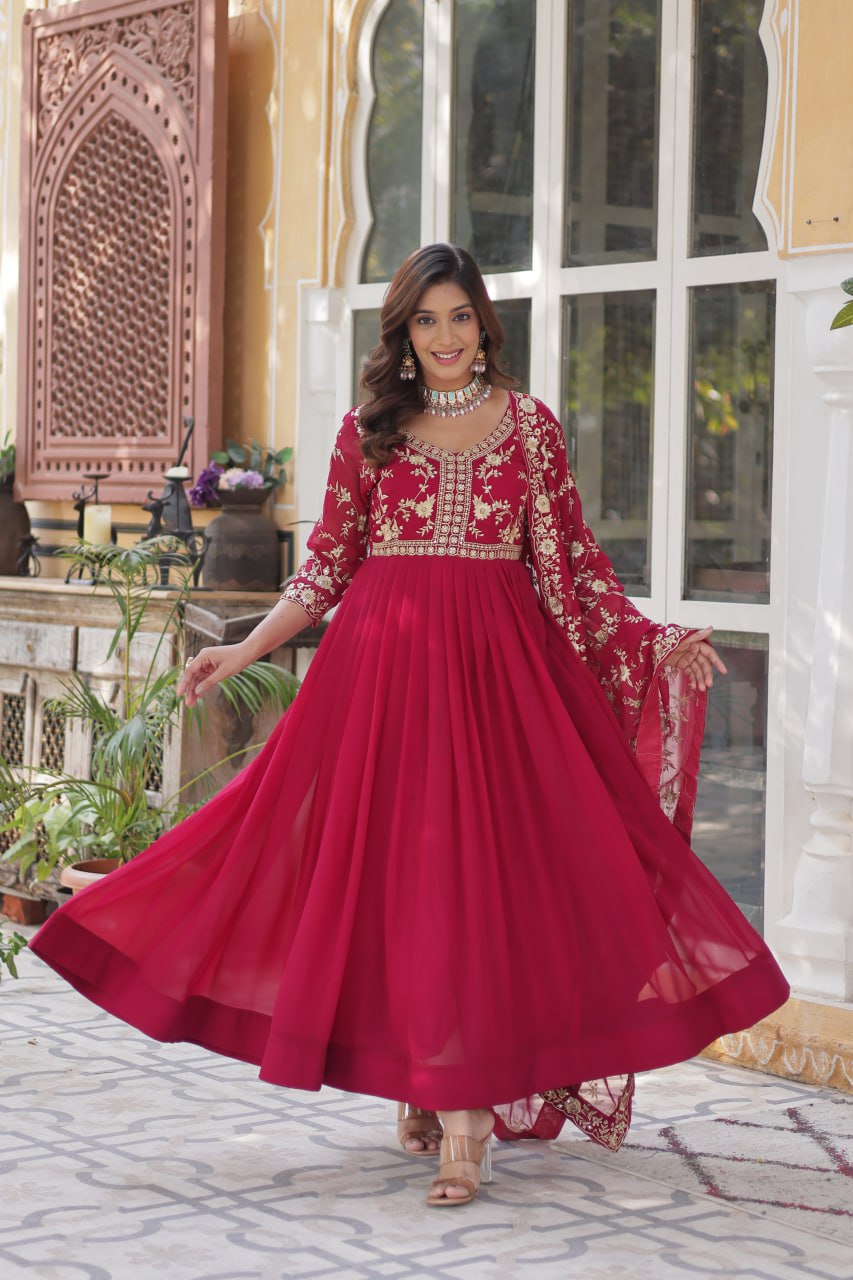 Pink Elegant Faux Blooming Embroidered Gown with Sequins & Zari Work