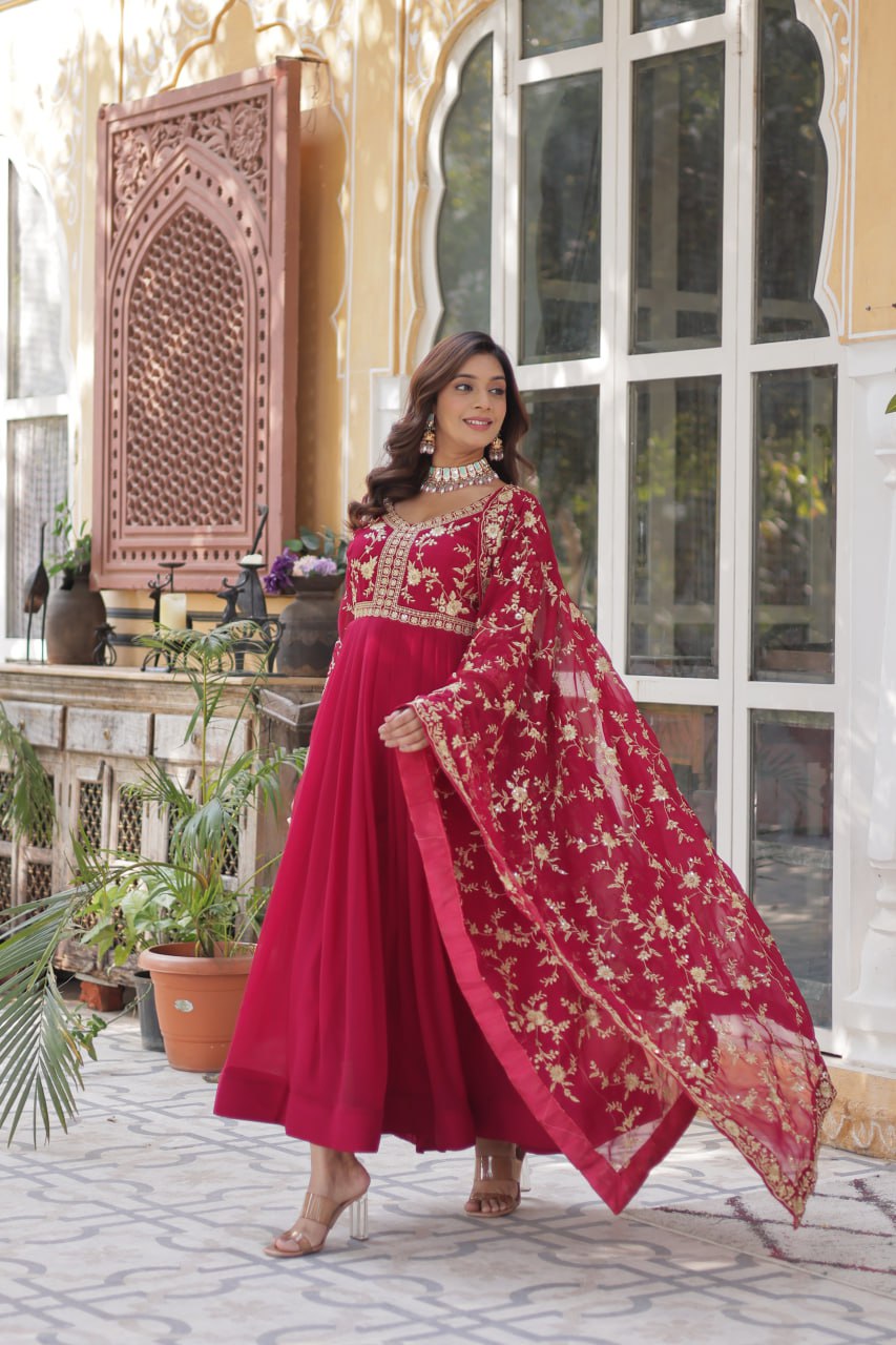 Pink Elegant Faux Blooming Embroidered Gown with Sequins & Zari Work