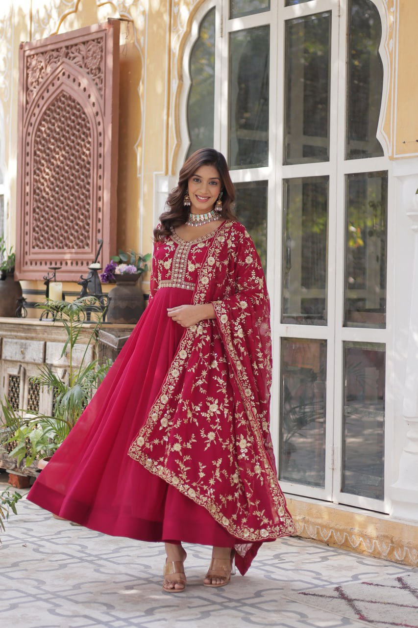 Pink Elegant Faux Blooming Embroidered Gown with Sequins & Zari Work