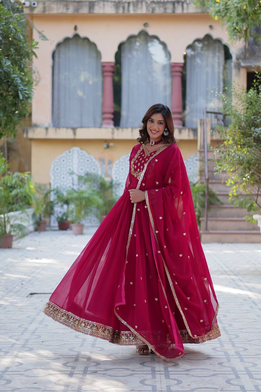 Pink Elegant Faux Blooming Georgette Gown with Sequins Embroidery & Matching Dupatta
