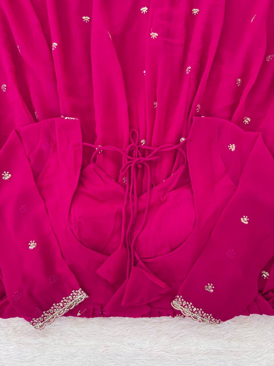 Pink Elegant Faux Georgette Anarkali Set with Thread & Sequin Work, Paired with Comfortable Pant & Lace-Detailed Dupatta