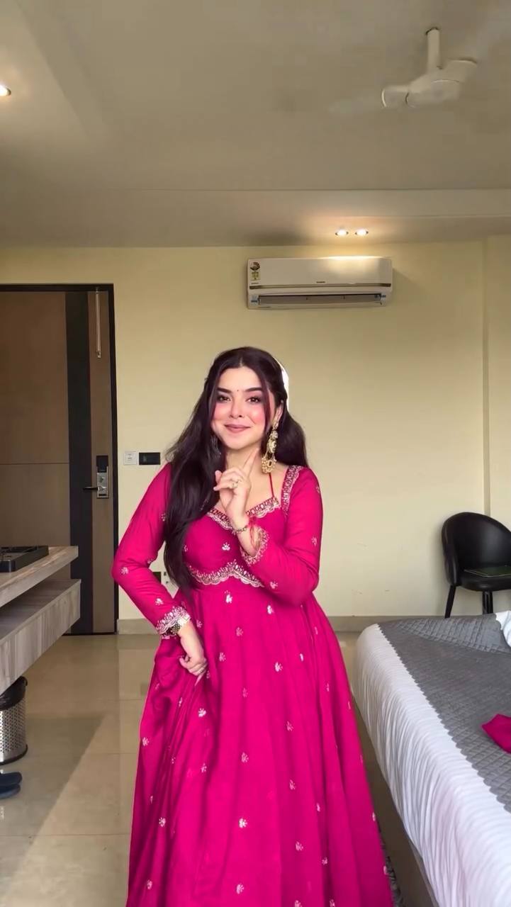 Pink Elegant Faux Georgette Anarkali Set with Thread & Sequin Work, Paired with Comfortable Pant & Lace-Detailed Dupatta