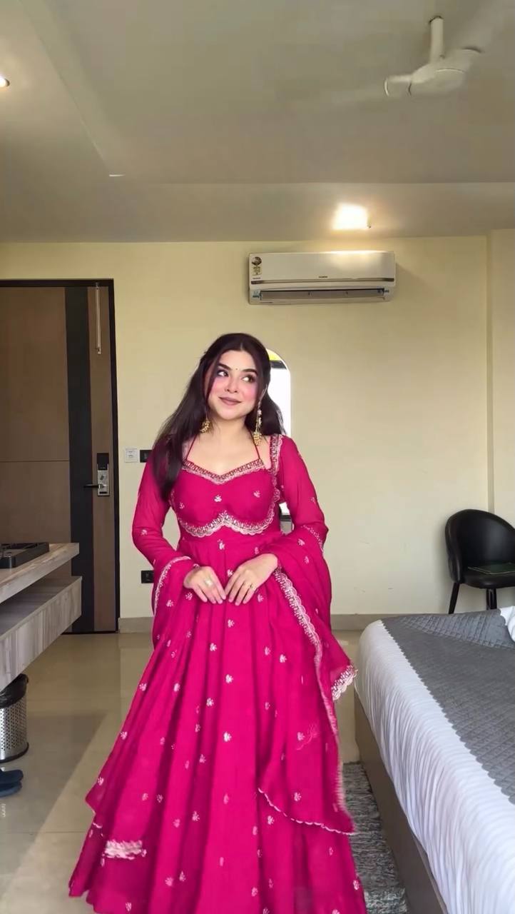 Pink Elegant Faux Georgette Anarkali Set with Thread & Sequin Work, Paired with Comfortable Pant & Lace-Detailed Dupatta