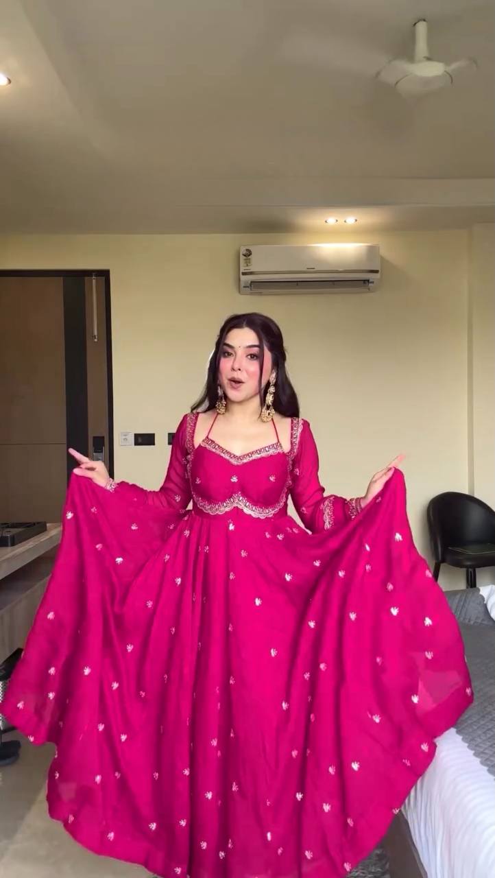 Pink Elegant Faux Georgette Anarkali Set with Thread & Sequin Work, Paired with Comfortable Pant & Lace-Detailed Dupatta