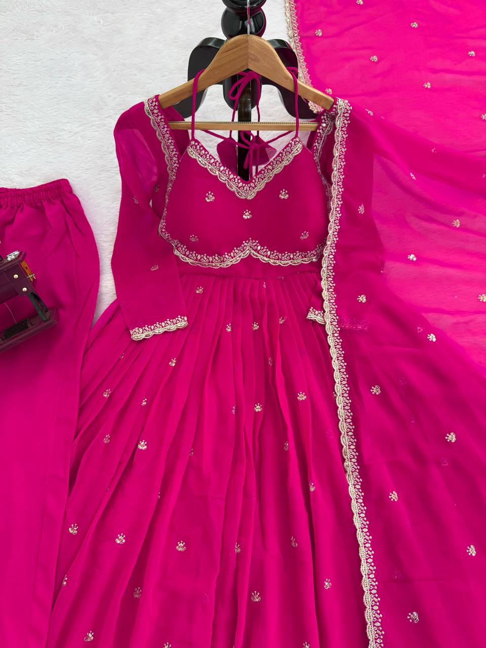 Pink Elegant Faux Georgette Anarkali Set with Thread & Sequin Work, Paired with Comfortable Pant & Lace-Detailed Dupatta
