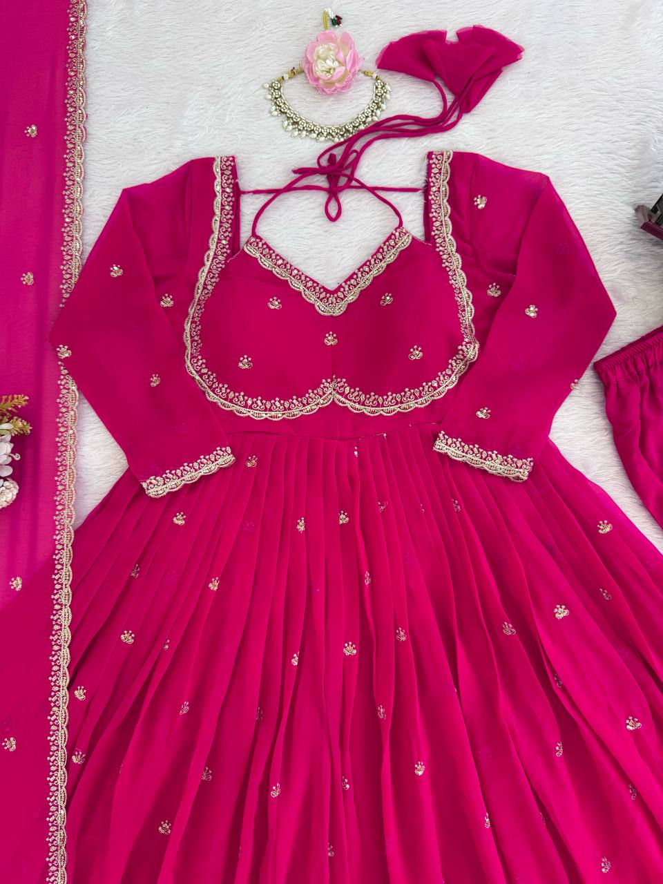 Pink Elegant Faux Georgette Anarkali Set with Thread & Sequin Work, Paired with Comfortable Pant & Lace-Detailed Dupatta