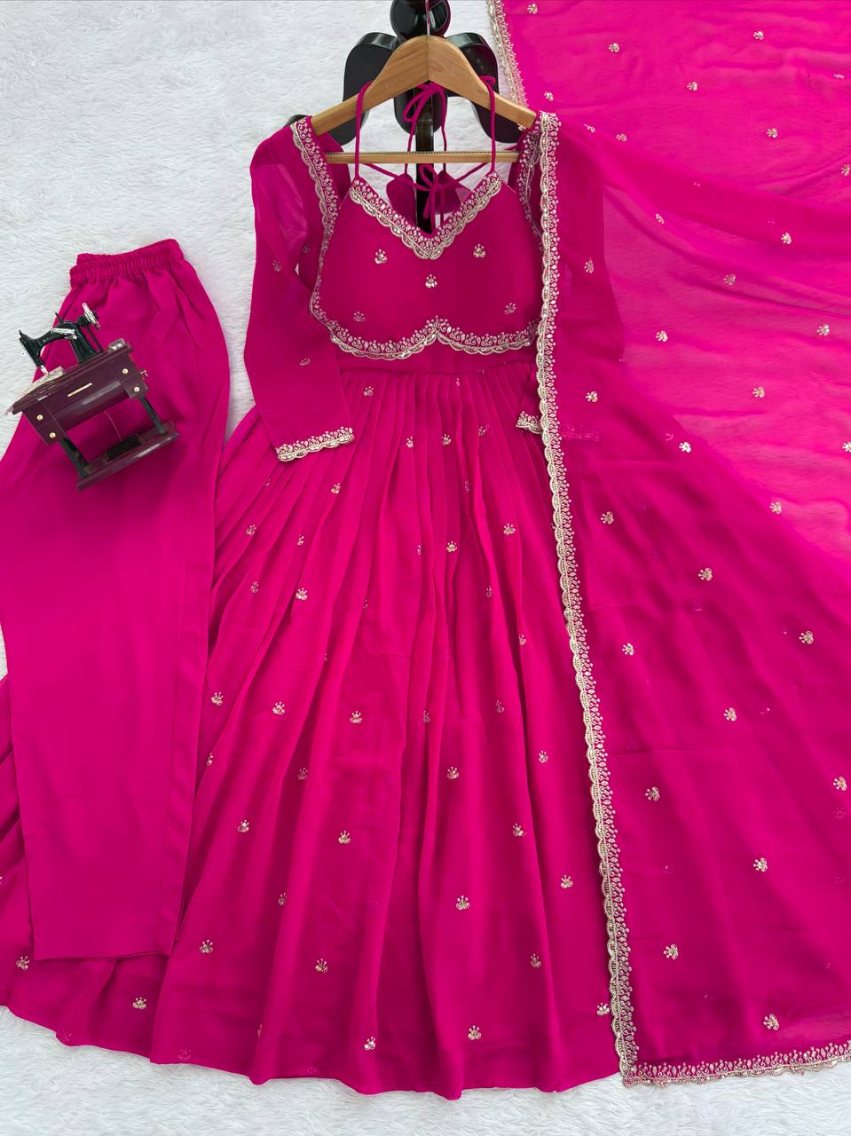 Pink Elegant Faux Georgette Anarkali Set with Thread & Sequin Work, Paired with Comfortable Pant & Lace-Detailed Dupatta