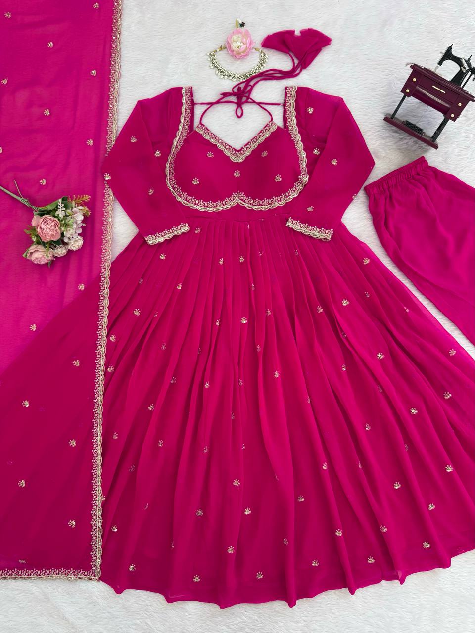 Pink Elegant Faux Georgette Anarkali Set with Thread & Sequin Work, Paired with Comfortable Pant & Lace-Detailed Dupatta