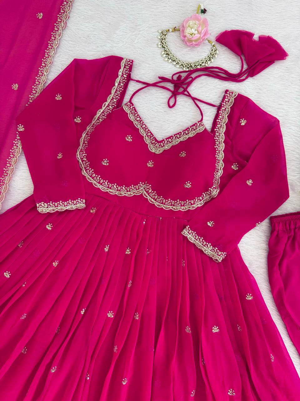 Pink Elegant Faux Georgette Anarkali Set with Thread & Sequin Work, Paired with Comfortable Pant & Lace-Detailed Dupatta