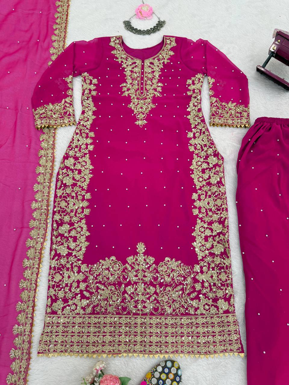 Pink Elegant Faux Georgette Coding & Sequence Work Palazzo Set with Rivet Moti Detailing and Dupatta