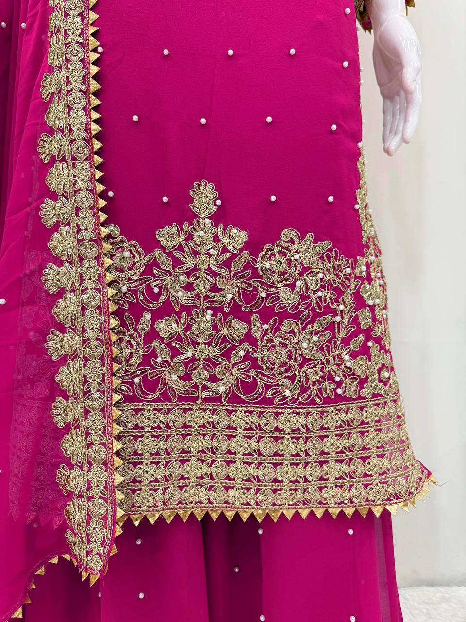 Pink Elegant Faux Georgette Coding & Sequence Work Palazzo Set with Rivet Moti Detailing and Dupatta