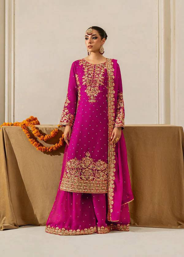 Pink Elegant Faux Georgette Coding & Sequence Work Palazzo Set with Rivet Moti Detailing and Dupatta