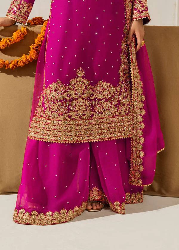 Pink Elegant Faux Georgette Coding & Sequence Work Palazzo Set with Rivet Moti Detailing and Dupatta