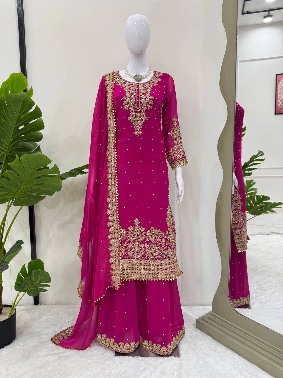 Pink Elegant Faux Georgette Coding & Sequence Work Palazzo Set with Rivet Moti Detailing and Dupatta