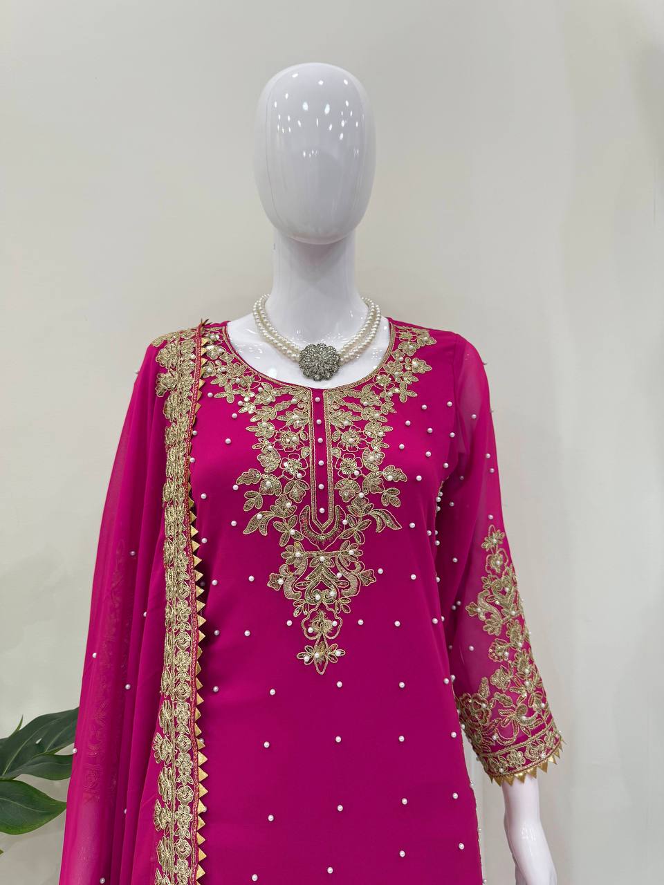 Pink Elegant Faux Georgette Coding & Sequence Work Palazzo Set with Rivet Moti Detailing and Dupatta