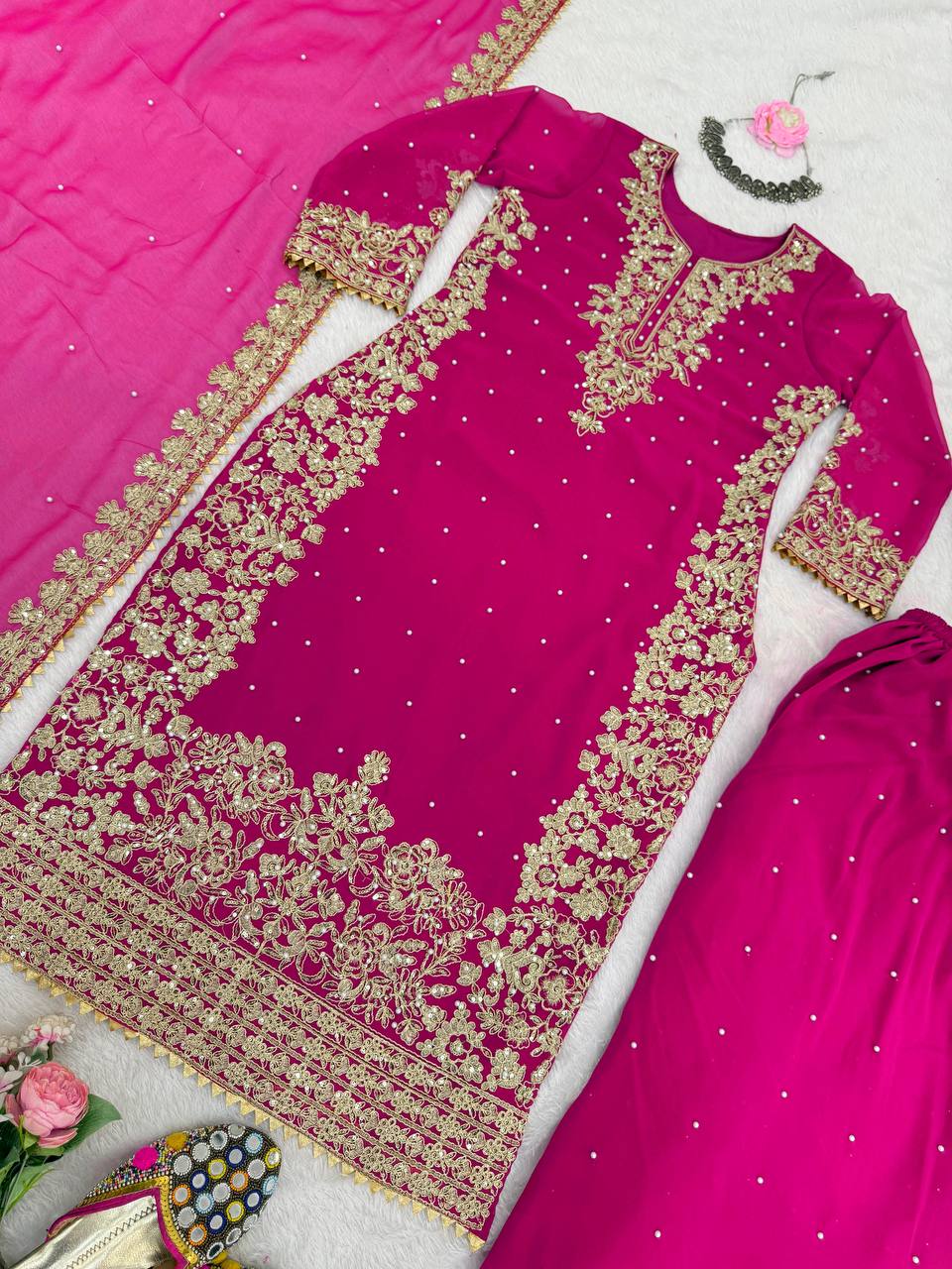 Pink Elegant Faux Georgette Coding & Sequence Work Palazzo Set with Rivet Moti Detailing and Dupatta
