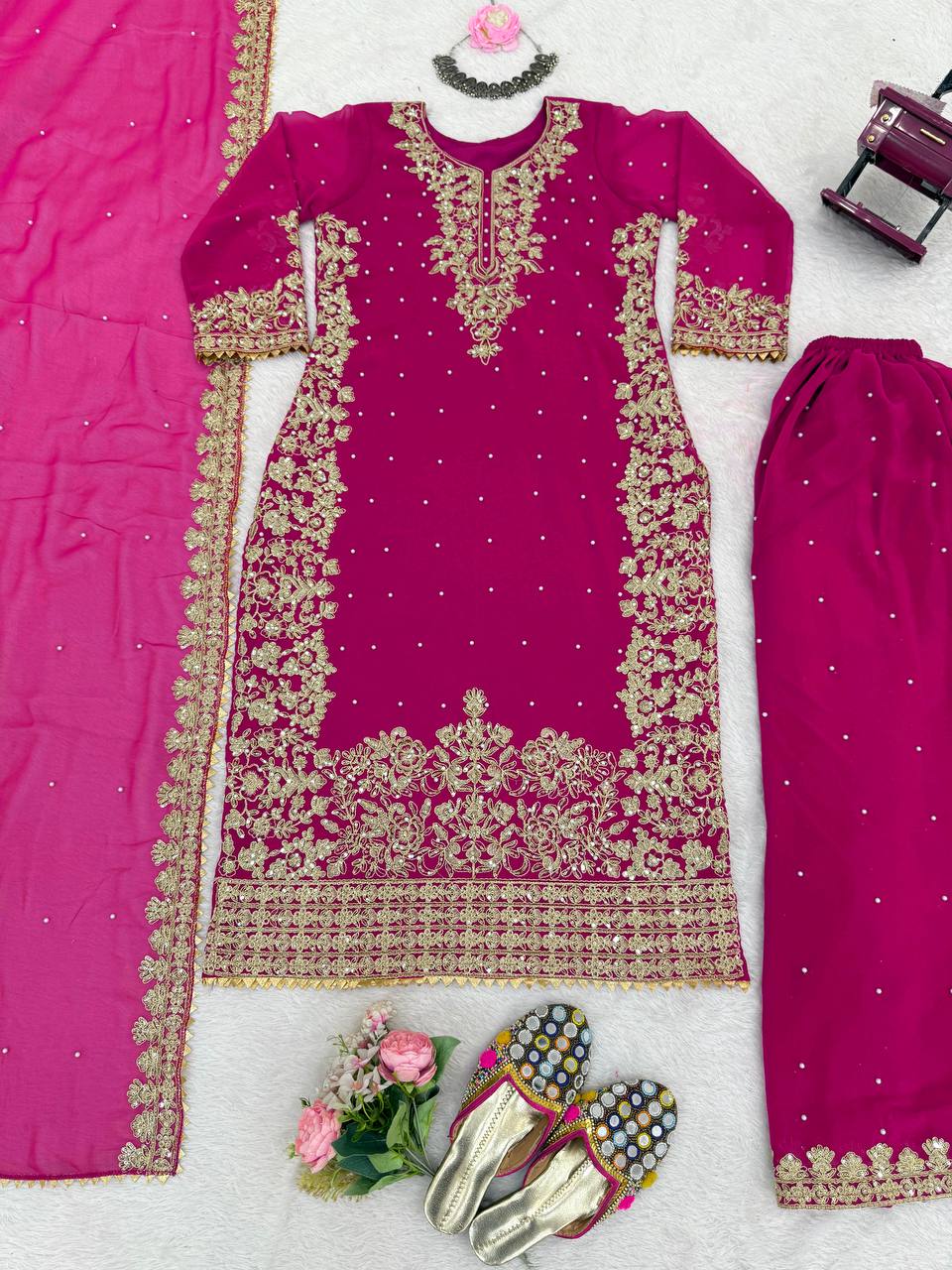 Pink Elegant Faux Georgette Coding & Sequence Work Palazzo Set with Rivet Moti Detailing and Dupatta