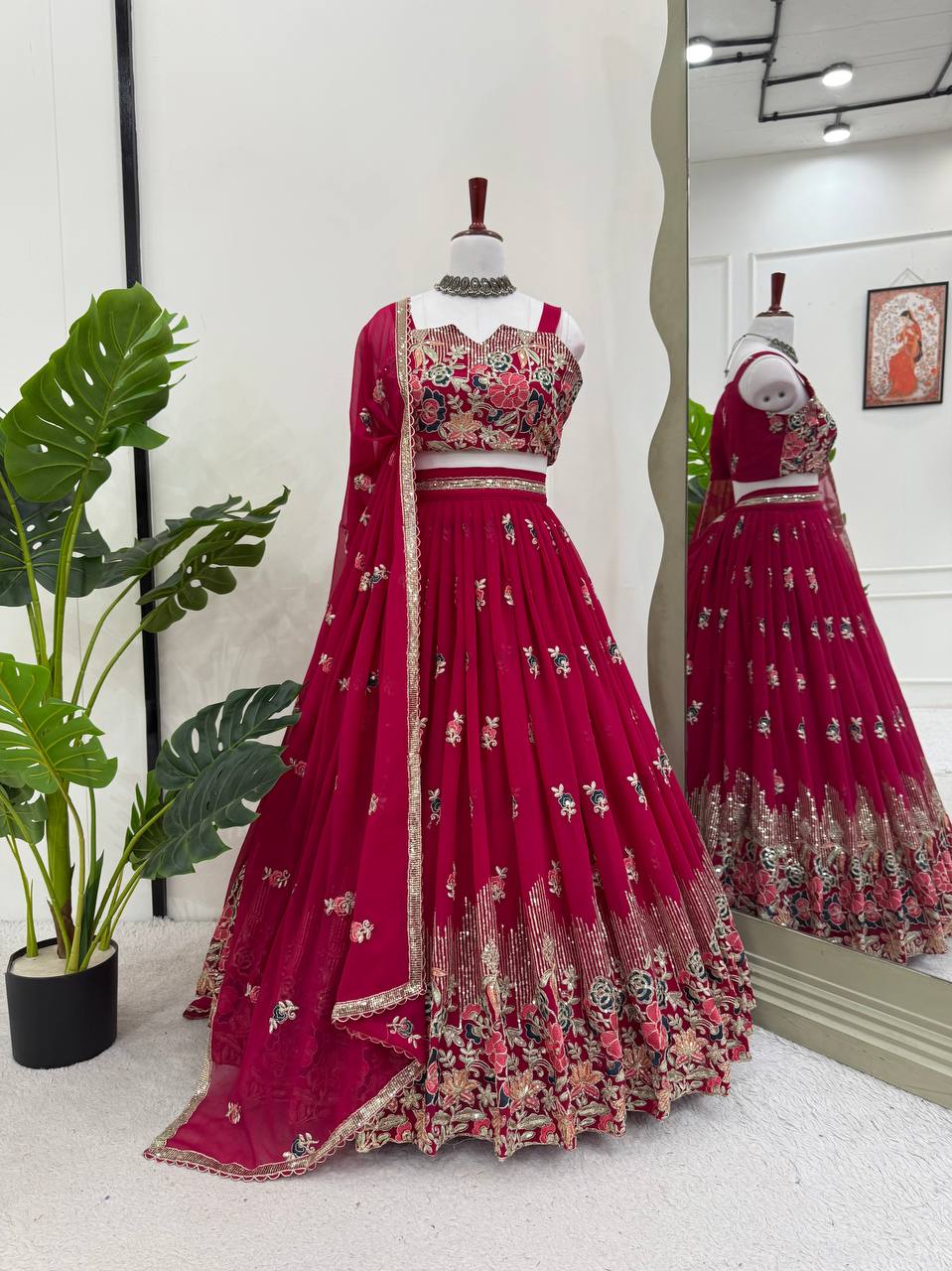 Pink Elegant Faux Georgette Embroidered Lehenga Choli Set with Dupatta Thread, Sequin & Coding Dori Work Full-Stitched with Cancan Flair