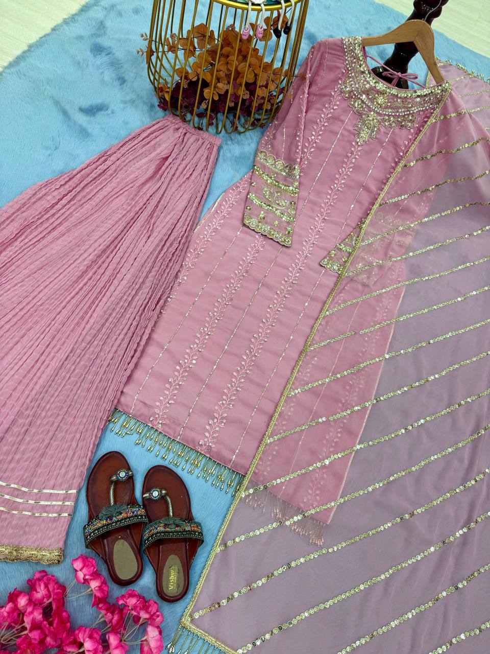 Pink Elegant Faux Georgette Embroidered Plazzo Set with Rivet Moti & Fancy Latkan Detailing