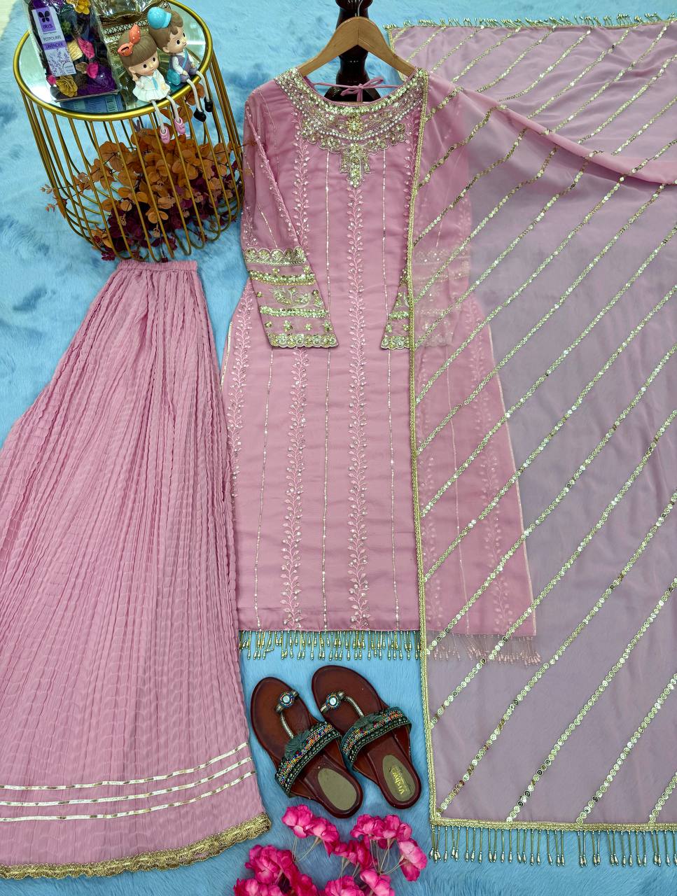 Pink Elegant Faux Georgette Embroidered Plazzo Set with Rivet Moti & Fancy Latkan Detailing