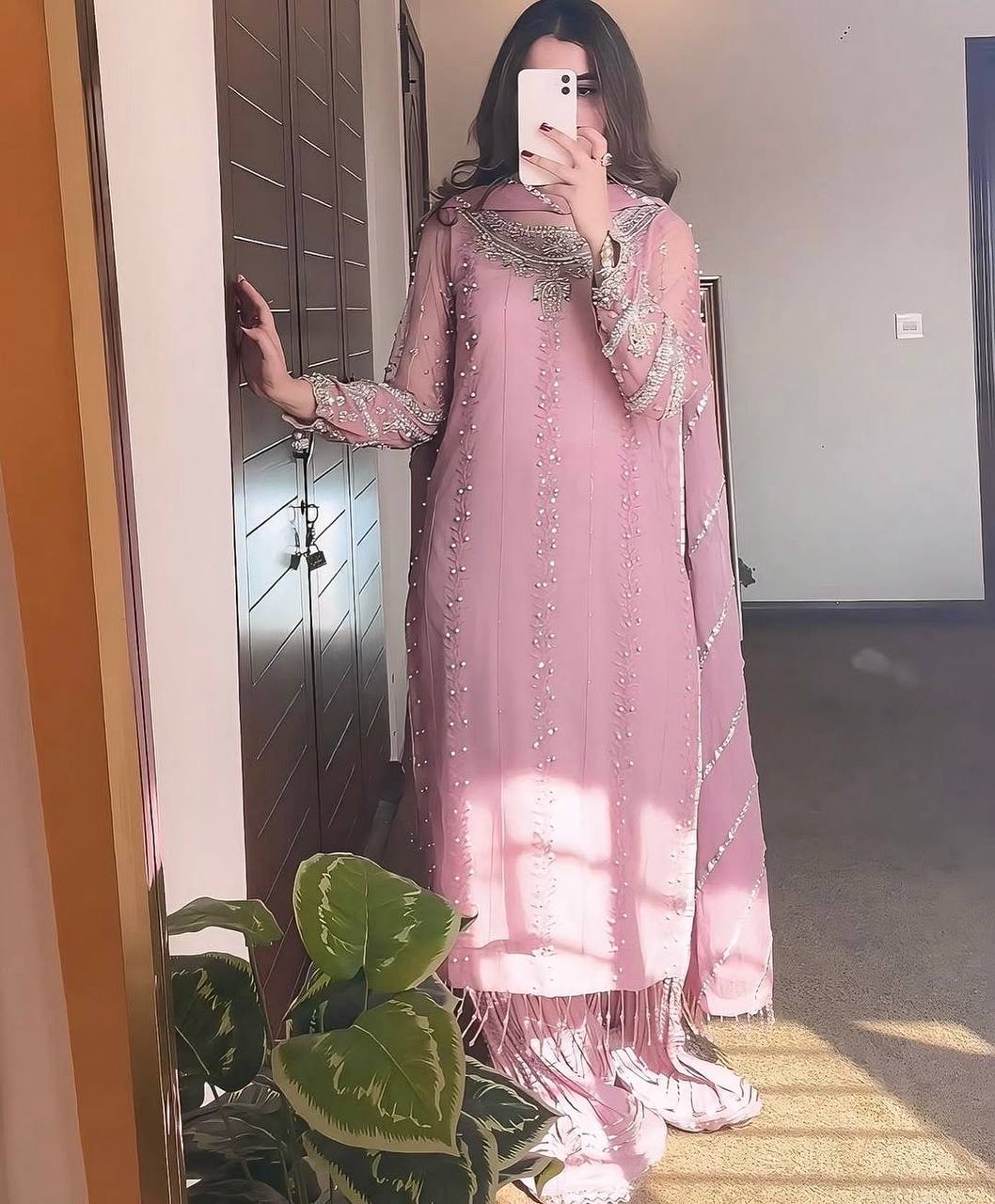 Pink Elegant Faux Georgette Embroidered Plazzo Set with Rivet Moti & Fancy Latkan Detailing