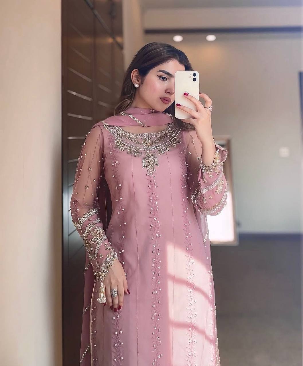 Pink Elegant Faux Georgette Embroidered Plazzo Set with Rivet Moti & Fancy Latkan Detailing