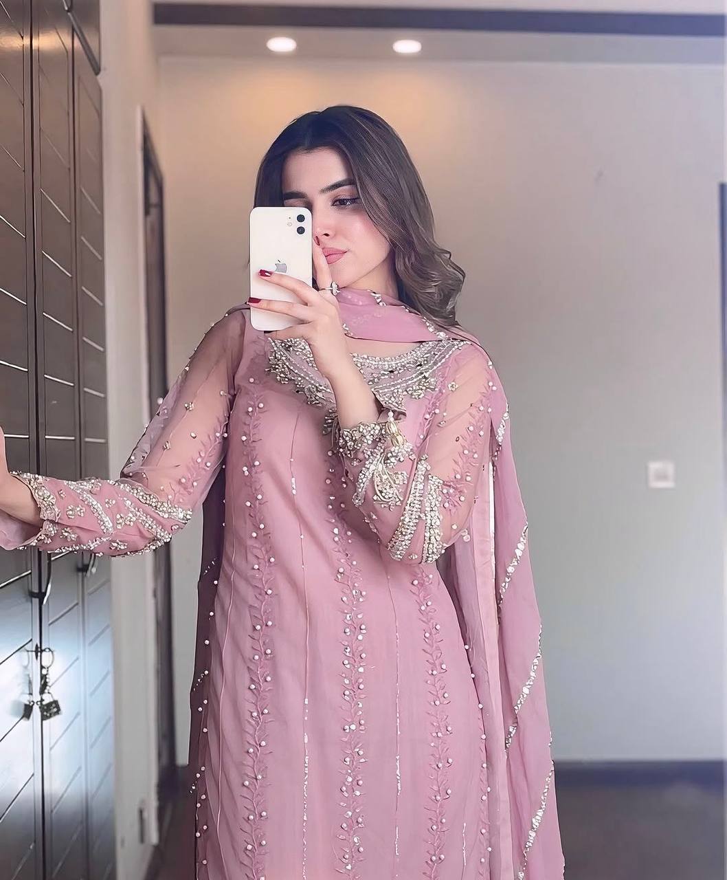 Pink Elegant Faux Georgette Embroidered Plazzo Set with Rivet Moti & Fancy Latkan Detailing