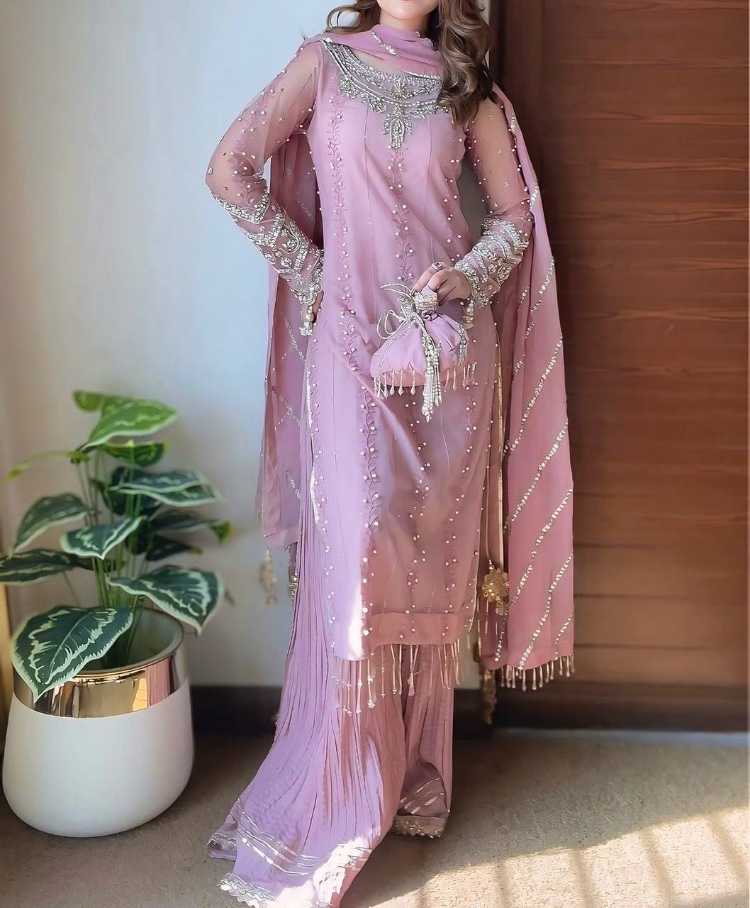Pink Elegant Faux Georgette Embroidered Plazzo Set with Rivet Moti & Fancy Latkan Detailing