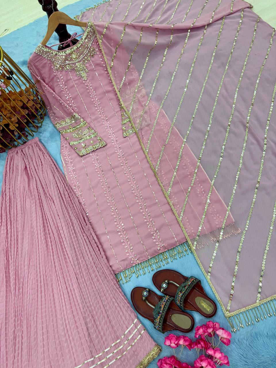 Pink Elegant Faux Georgette Embroidered Plazzo Set with Rivet Moti & Fancy Latkan Detailing
